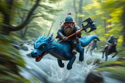 oil painting ,motion blur portrait of harpy - Forgotten Realms dodging cyberpunk armored dwarf with warhammer riding tiny furry blue and purple dragon above water and along winding branches in lush green forest along speeding horses , bokeh like f/0.8, tilt-shift lens 8k, high detail, smooth render, down-light, unreal engine, prize winning