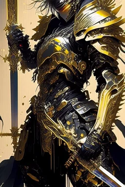 a person with a sword in their hand, very beautiful cyberpunk samurai, shirow masamune, black and golden armor, anime fantasy artwork, bio - mechanical ninja samurai, cyberpunk samurai, masamune, intricate assasin mecha armor, demon samurai warrior, light gold armor, ghostblade, lacquered armor, black and gold armor, demon samurai