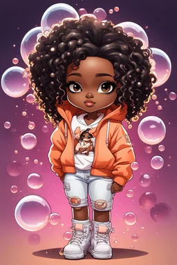 Create an colorful futurism comic book illustration of a chibi cartoon black female thick curvy wearing a cut of peach hoodie and white jeans and timberland boots. Prominent make up with long lashes and hazel eyes. Highly detailed shiny sister locs. Background of a large bubbles all around her