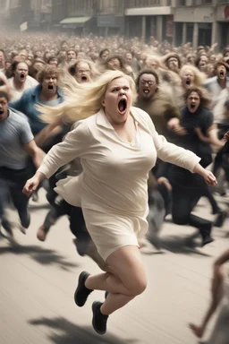 an obese terrified blonde woman running away from an angry mob of hundreds chasing her