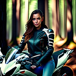 Very attractive woman sitting on a motorcycle. The bike is Yamaha. In the background is a forest. Credible details. Photorealistic. 4K. Wide-angle lens.