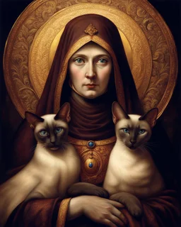 hauntingly illuminated medieval portrait of Saint Gertrude of Nivelles, her serene yet commanding presence radiating from the gilded frame as if stepping through time. Dressed in flowing 7th-century abbess robes of deep burgundy and gold, she cradles two sinuous Oriental Shorthair chocolate point Siamese cats like sacred relics—their piercing blue eyes glowing like sapphires against velvety sepia fur, their angular faces turned toward her with feline reverence. One paw rests on her embroidered s