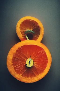 portrait, an orange with a clock embedded in its skin, AbstractTech clockpunk, Food photography, beautiful, delicious food, recipe photography, realistic, natural light, colorful, food art, object photography, vignette, ultra HD