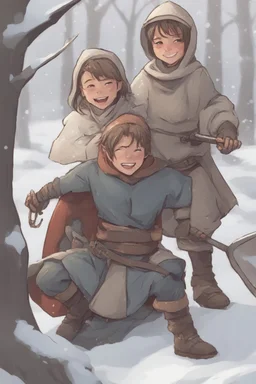 DnD style, two medieval peasant kids playing in the snow male and female, age 14 and 15, happy and playful, he has a short sword.