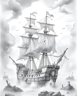 Pirates of the Caribbean: Ghostly Ship in the Mist Coloring Adventure: Design an intriguing coloring page inspired by the Pirates of the Caribbean movie, featuring a ghostly pirate ship emerging from thick fog. Encourage young artists to embrace the mysterious atmosphere, playing with shades of gray to create shadows and highlights. Minimize background and lines, allowing kids to immerse themselves in the eerie scene as they bring this ghostly ship to life in their unique black-and-white creatio