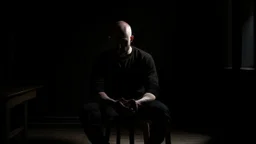 ، يظهر رجل جالس على كرسي في غرفة مظلمة. وجهه غير واضح، لكن يمكن رؤية عينيه مغمضتين. الرجل يرتدي ملابس سوداء، ويبدو أنه في حالة من الهدوء والتأمل.