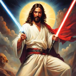 Jesus with a lightsaber opening the belly of the devil