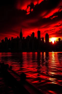 Make carnage croupting the new york city with a red sky