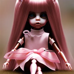 ball jointed doll, long pink hair, brown eyes, pink dress, sitting