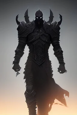 Black dragon scales on heavy armor and sword. 7ft tall, muscular, immense strength, fearsome appearance, hidden face, pure evil, mysterious, black smoke and shadow, aura of sinister, malevolence, and darkness, Standing prideful, confident, dominant.