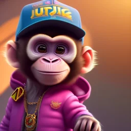 pixar style anamorphic cute monkey baby, smiling, gangsta gold neckless, wearing hat, full body, magenta puffer jacket, manila city backdrop, dramatic lighting, hyper-realistic, unreal engine 5, 16k. full detailed,