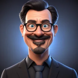 a portrait of smiling western man. 50 years old. caricature. black short hair. light skin. blue eye pupils. rectangle eyeglasses, black frame. heart face shape. extended goatee moustache. wear black formal dress. pixar style. 3D. 4k. portrait. highly detailed. sharp focus. high resolution. full color. cinema lighting