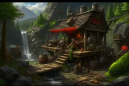 Medieval fantasy: Thalgrim's Forge built into mountainside. Stone-timber workshop with blackened walls, forge heat radiating. Dwarf blacksmith Thalgrim works glowing anvil while apprentice Eira watches. Outside: mining tools, gears, pulleys. Green terraces, forest, river reflects sky. Broad-shouldered dwarf, braided beard, focused eyes reflect red-hot metal. Sharp-eyed human apprentice assists. Orange smoke meets blue-green sky Spring foliage, echoing hammer sounds mix with river flow