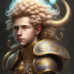 Sango fantasy, fantasy magic, intricate, sharp focus, illustration, highly detailed, digital painting, concept art, matte, art germ and Paul Lewin and Kehinde Wiley, full body image of a beautiful 12 year old boy with long, blonde curly hair and light blue eyes, smiling, shirtless, in front of an distant beach