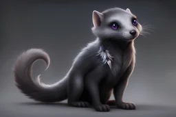 a sleek, magical weasel with fur that shifts between dark blacks and twilight grays. His eyes are large, sparkly, and filled with curiosity. Around his neck is a collar that softly hums and seems to be made of shadowy material. As Umbrus moves, you can picture small, arcane runes appearing and disappearing along his body, leaving a magical trace in the air. His paw pads are almost see-through, leaving delicate patterns behind as he explores the enchanted world. make him bigger