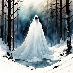 White bedsheet ghost, Night, forest, snow, blizzard, created in inkwash and watercolor, carnival in the comic book art style of Mike Mignola, Bill Sienkiewicz and Jean Giraud Moebius, highly detailed, grainy, gritty textures, , dramatic natural lighting