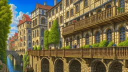 medieval buildings with balconies overhanging a river, blue sky and people, photorealism, trees, foliage, piers, intricate detail, ultra-sharp image, sharp focus