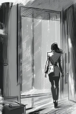 woman walking away out of someone's office with big windows sketch style