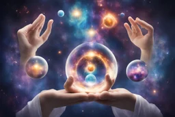 kundalini, connected to the universe, few colours of galaxy, holding galaxies in few hands in glass balls