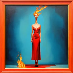 surreal, vertical composition inspired by modern deconstructivist art styles, featuring the long-necked, fire-headed muse in a self-undoing, liminal frame