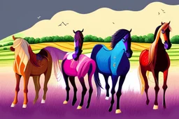 illustration horses of different colors in a field from afar