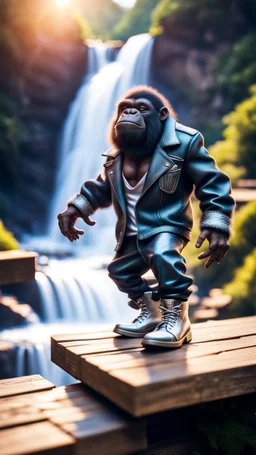 magazine cover, twisted hairy rock star alien gremlin gorilla rapper with silver boots as a pimp on wooden bridge going down heavens waterfall,bokeh like f/0.8, tilt-shift lens 8k, high detail, smooth render, down-light, unreal engine, prize winning