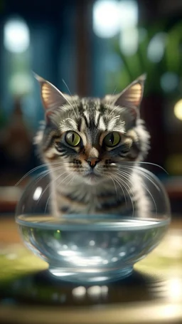 portrait of confused old cat holding a glass bowl in glass nursery having grown beaks and claws, bokeh like f/0.8, tilt-shift lens 8k, high detail, smooth render, down-light, unreal engine, prize winning