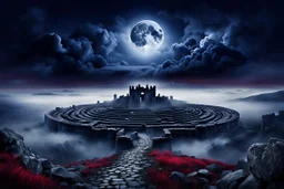 an (BIG perfect circe silver moon 1) on (dark blue sky 1,2) over the dark , mystic land, white fog, dark blue, grey, purple, red colors, empty landscape, in the distance old ruins, srtange, sinister , dark fantasy