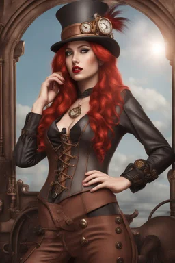 Photorealistic full-height photo of a fantasy skinny pin-up girl in a steampunk outfit with long, red hair