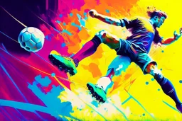 Oil painting, football match, the striker is kicking a goal, the ball is flying, bright but not neon colours, dynamic lines, dynamic blobs, spots, lines in the background of the character, like a colour explosion