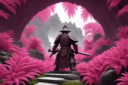 [fractal art: Mandelbulb 3d] seen from outside: a stone samurai from below at the entrance of a circular cave surrounded by a fractal field of thousands of pink ferns of all sizes, everywhere on the image