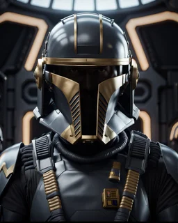 star wars bald male corellian pilot wearing dark gunmetal grey and black First Order special forces TIE pilot armored flightsuit and helmet with gold trim inside the jedi temple, centered head and shoulders portrait, hyperdetailed, dynamic lighting, hyperdetailed background, 8k resolution, volumetric lighting, light skin, fully symmetric details