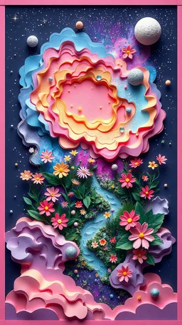 Nebula Bloom. Flourishing garden within a nebula, paper art style, 3D illustration of space flora, vibrant space colors, starlight dew, serenity among the cosmos, moonlit asteroids, drifting space fauna, river of stardust, tranquil expanse, pastel cosmic clouds, texture of interstellar medium, depth of galactic garden, craft of celestial bodies, peaceful astral phenomenon.