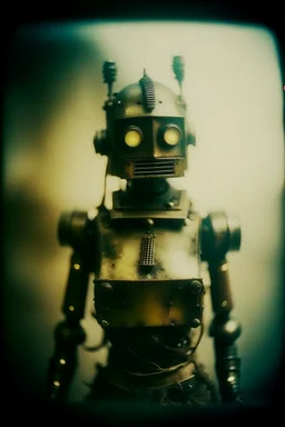 steampunk, vintage analog polaroid of a woman robot, female body, fog, lomography, heavy film grain, night, color bleed, depth of field, bokeh, retro