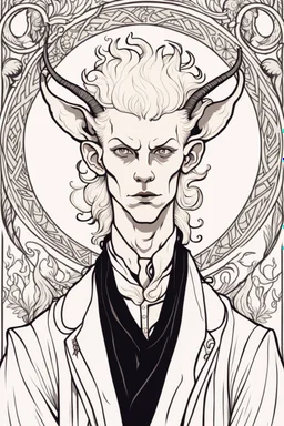 young satyr male albino alchemist with small horns in the style of Aubrey Beardsley