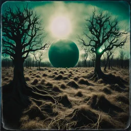 Close-up polaroid of a creepy surreal landscape, monsters, eerie, Max Ernst style, very surreal, trees, spooky, metaphysical objects, giant sun, intricate, thoughtful, appalling, deep 3d field, 8k, hypermaximalist