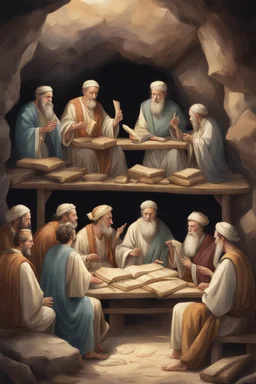 Several Christian priests of the 1st century AD are sitting in a cave and actively arguing and gesticulating, each holding a scroll of Ancient Scripture, many ancient scrolls are lying on a wooden table in front of them, everything is written in watercolor in high resolution, in 8k.