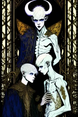 Emo, albino, teen, goat horned, satyr, alchemist, in the style of Harry Clarke