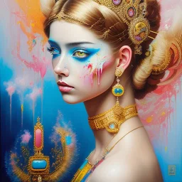 iv_a painting of a young woman, figurative art, an acrylic detailed painting, , brush strokes, paint drips and drabs and splatters by Harumi Hironaka, turquoise pink and yellow, james terrell art, trending on artstation, soft lines,intricate art by bastien lecouffe deharme and greg rutkowski