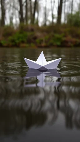The image shows a white paper boat floating on top of a body of water. The boat appears to be made of paper and is in the shape of a sailboat. The water is still and there are small ripples around the boat. The background is blurred, but it seems to be a wooded area with trees and bushes. The image is taken from a low angle, looking up at the boat and the water.