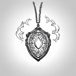 Make black and white cute drawing of a Mystic Amulet with black bold lines. Only outline, no grayscale. An elegant amulet with a glowing gem at its center, hanging on a chain. Surround it with magical light swirls.