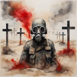 Sacred geMake a creation exploring the lyrics "No Man's Land The countless white crosses stand mute in the sand, To man's blind indifference to his fellow man" as a moody World War I memorial composition. Watercolor and ink painting, dynamic composition, double exposure solder with antique WW I gas mask with fiery text "1914" on helmet, dramatic red sky, dramatic, dynamic compositionometries, Style by Petros Afshar and Arthur Secunda, surreal abstract art, synthwave masterpiece, juxtaposition of