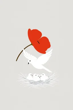 simple outline of a red poppy with a white dove hovering over a nest of her babies
