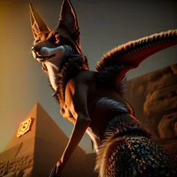 A portrait post-apocalypse of Jackal Egyptian God Anubis ,in the third temple, sci-fi fantasy style, volumetric lighting, particales,highly detailed,cinamatic,8k,3D,fire and black deep colours.