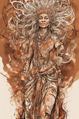 create an abstract expressionist full body illustration of a deeply spiritual, nomadic tribal female elder with highly detailed and deeply cut facial features, searing lines and forceful strokes, precisely drawn, boldly inked, with rich striking earth tone colors