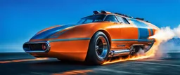 A national geographic award-winning photograph of a military fighter jet station wagon elephant hybrid bilaterally symmetrical designed by skunkworks, only one vehicle per image painted metallic orange traveling at a high rate of speed, jet intake off of the front center of vehicle and jet exhaust out the rear with bright blue flame soviet retrofuturism, cassette tape futurism, sleek but squared, tremendous nuclear powered engine