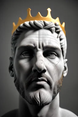 Ultra Realistic image, Roman sculpture, white marble material, Lionel Messi, gold crown of natural thorns, god crown, Renaissance style, sun rays background, waist up portrait, epic, celestial, cinematic lighting, God lights, 4k resolution, smooth details, soft lighting, unreal engine 5, art station, substance 3d.