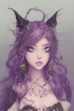 cute purple haired devil girl with bright green eyes and black horns on her head wearing a purple/pink dress