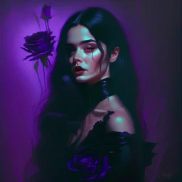 painting by koson ohara and marta bevacqua, portrait of a beautiful goth woman with long black hair, wearing a black dress, purple neon lighting black rose background , 8k, high quality, highly detailed full body