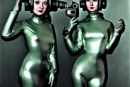 Golden to cyan surfaces body, latex. Tendril-mask-Synthesizer-proboscis. Lightly armored bodies. Metallic headphones and speakers. Man and hot Russian military girl. Old-fashioned cameras ntegrated to heads. Strange Steam-punk Silver tumbler hands! Dystopia perfect body. Mind-download from 1960's computer. Partly symmetrical in relation to the computer. Perfect golden ratio in all directions. Space-corruption. Steam-machines-tubes. Oppressive atmosphere. Thick Mind-upload-cable. Nazi propaganda